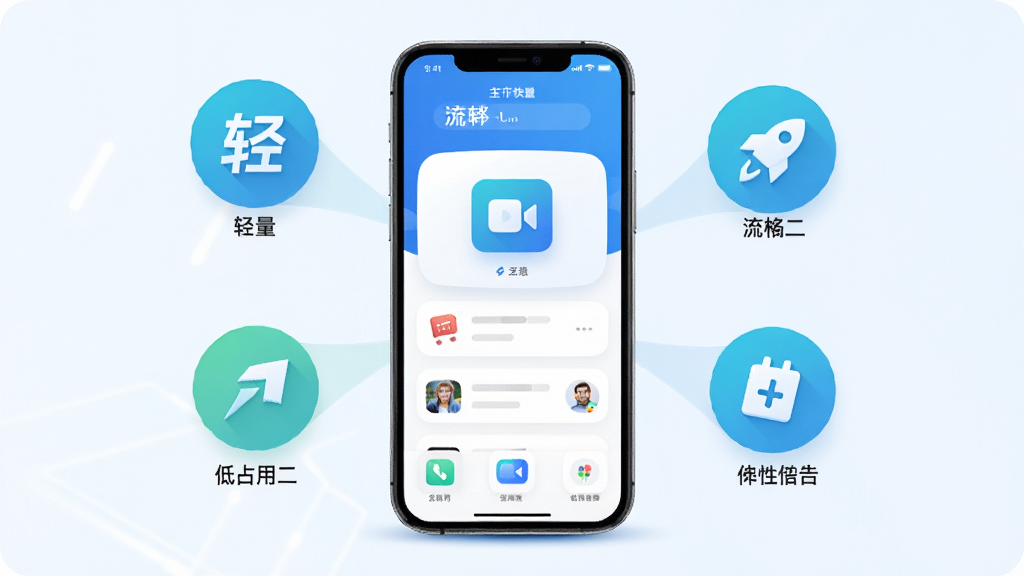 快点好软件轻量运行特性示意图,画面为手机屏幕内展示软件主界面,周围环绕轻量、流畅、低占用等概念图标,整体风格科技感与简洁感结合,色彩清爽,画质清晰,无多余元素