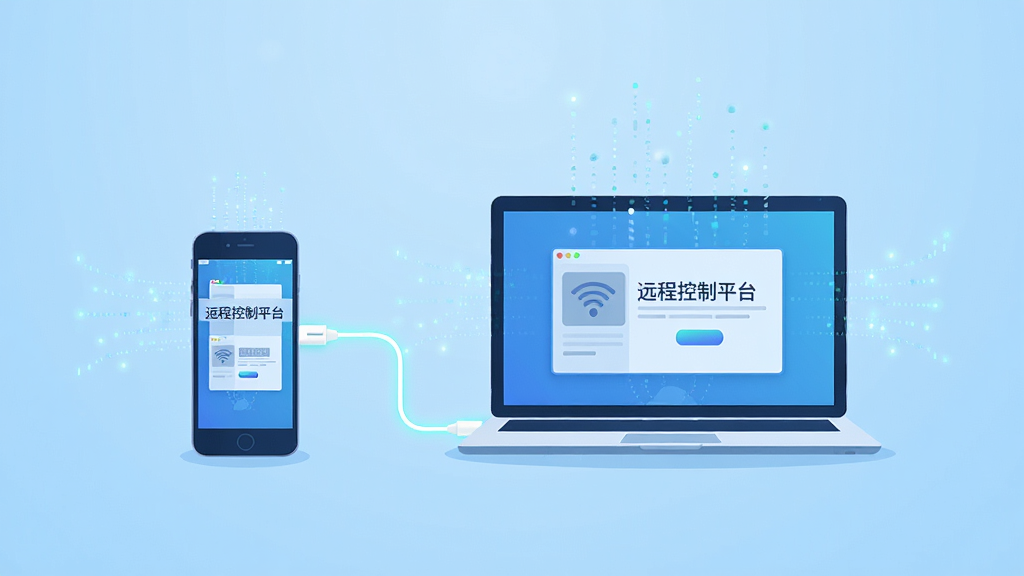 一台居中摆放的智能手机与一台笔记本电脑通过发光的连接线相互连接,屏幕中显示