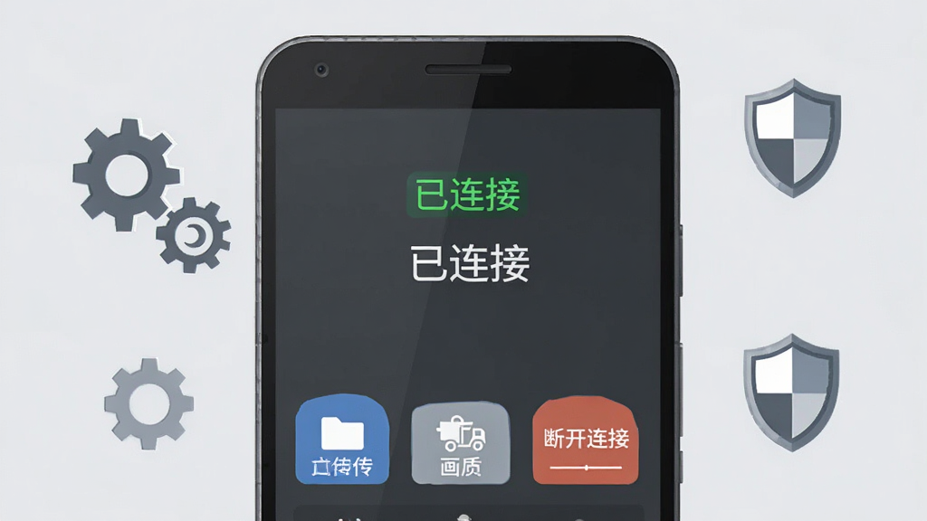 一部安卓手机屏幕特写,屏幕中显示远程控制平台的连接成功界面,画面上方有绿色的