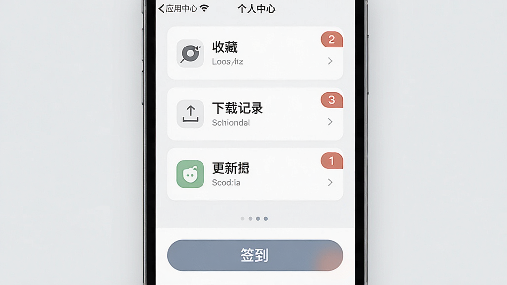 一张展示手机应用个人中心界面的场景图,画面主体为手机屏幕,屏幕上显示收藏列表、下载记录、更新提醒三个功能模块,每个模块配有简洁图标和数字角标,屏幕下方有签到按钮,背景为浅灰色,风格素雅极简,细节清晰,画质干净,无多余元素
