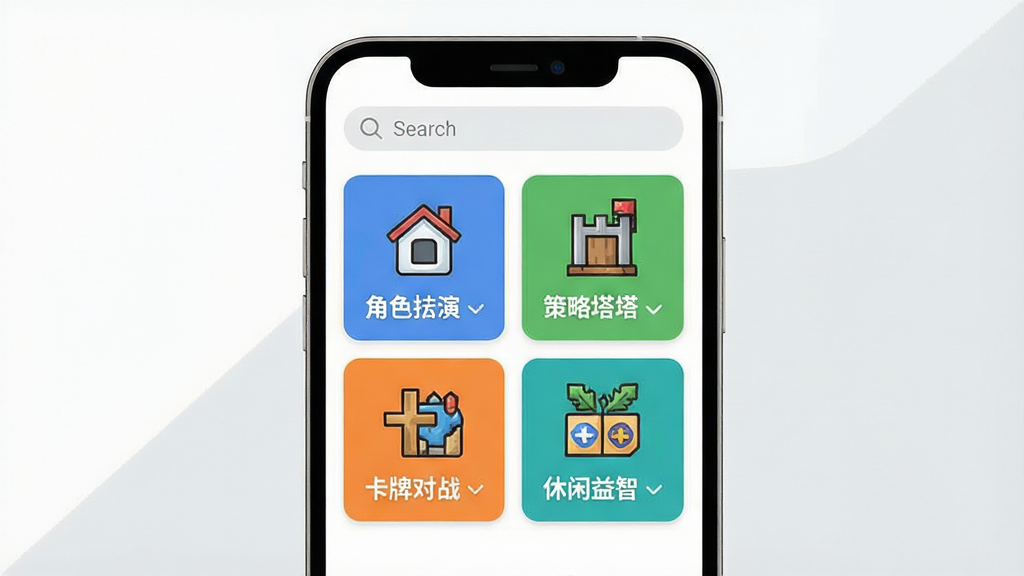 一张展示手机应用内游戏分类界面的场景图,画面主体为手机屏幕,屏幕上排列着角色扮演、策略塔防、卡牌对战、休闲益智四个彩色分类卡片,每个卡片配有简笔游戏图标,屏幕上方有搜索框,背景为白色与浅灰色搭配,风格清爽扁平,细节清晰,画质干净,无多余元素