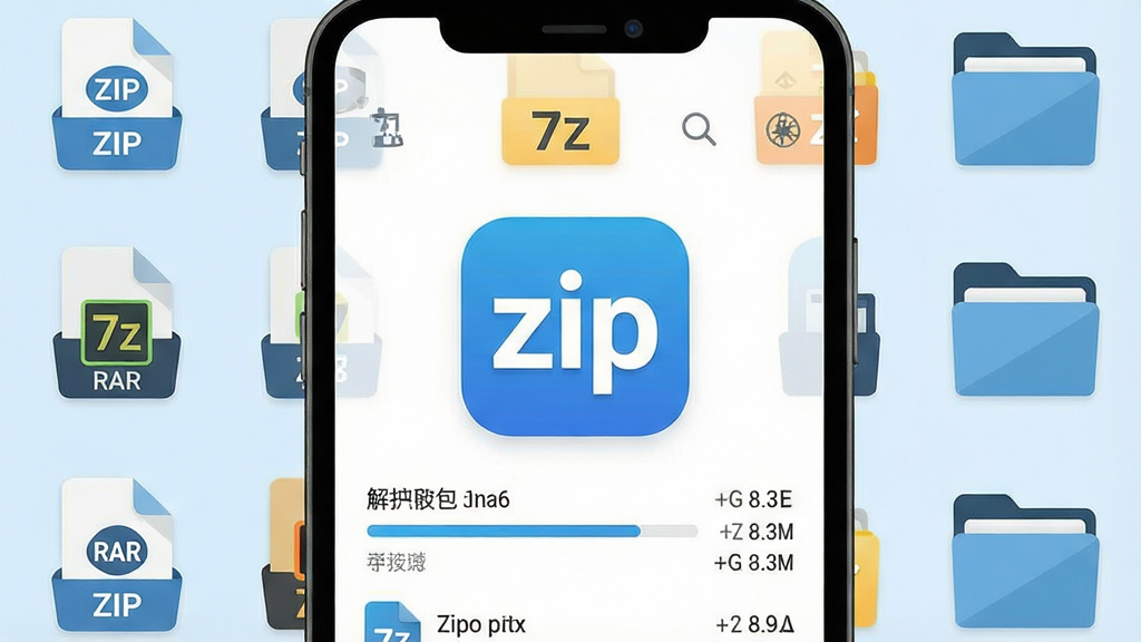 一张手机屏幕特写展示zip解压专家应用主界面,画面中央是蓝白配色的软件图标和简洁的文件列表,周围环绕ZIP、RAR、7Z等格式的压缩包图标和文件夹元素,布局清晰居中,风格为扁平化科技插画,细节包含解压进度条和文件大小标注,画质干净清晰无多余元素