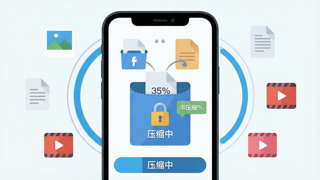 一张zip解压专家压缩功能示意图,画面中央是手机屏幕显示多个文件被拖入压缩包的过程,压缩包上带有密码锁图标和压缩率百分比标签,周围环绕照片、文档、视频小图标,布局左右对称,风格为现代扁平科技风,细节包含进度环和“压缩中”状态条,画质干净清晰无多余元素