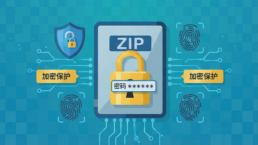 一张zip解压专家加密功能示意图,画面中央是一个带金色锁扣的ZIP压缩包图标,锁扣上显示密码输入框和星号掩码,周围环绕盾牌、指纹、加密线条等安全元素,布局居中对称,风格为安全科技扁平插画,细节包含“加密保护”文字标签,画质干净清晰无多余元素