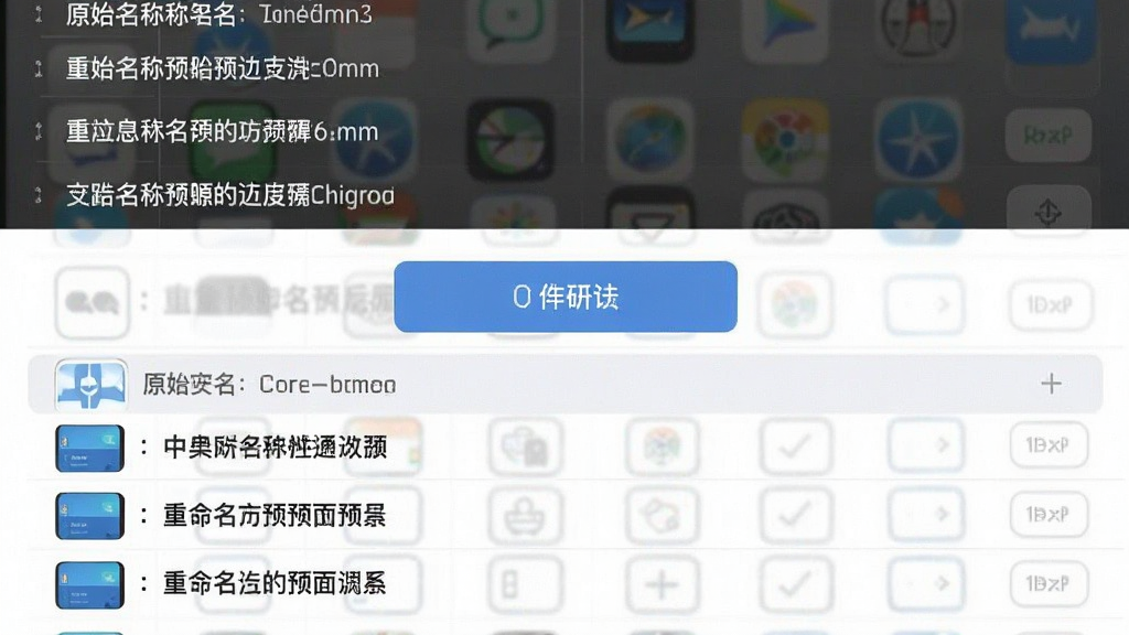 一张展示手机界面的图片,画面分为上下两部分,上方是原始文件名列表,下方是重命名后的预览列表,中间有确认按钮,风格简约直观,细节清晰,画质干净,无多余元素