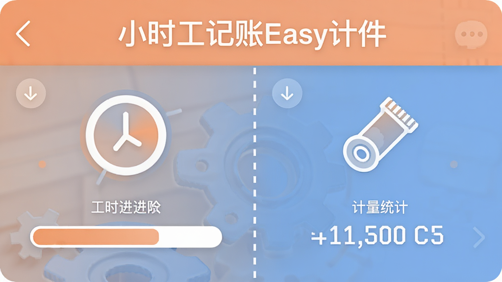 分屏画面左侧显示时钟图标与工时进度条,右侧显示零件图标与计件数量统计,中间用一条虚线分隔,顶部标注“小时工记账Easy计件”,整体采用柔和的橙蓝色调,界面元素排列整齐,风格简约现代,画质干净