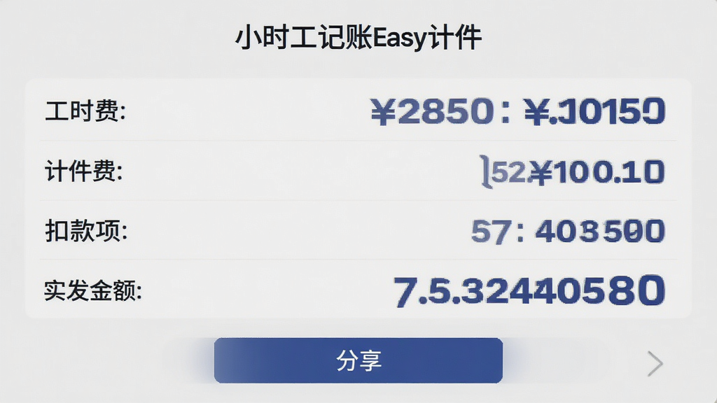 手机界面展示工资结算单,顶部写“小时工记账Easy计件”,中间是工时费、计件费、扣款项、实发金额的明细列表,底部有“分享”按钮,背景为浅灰色,数字用醒目的深蓝色显示,整体排版规整,风格商务简洁,画质清晰