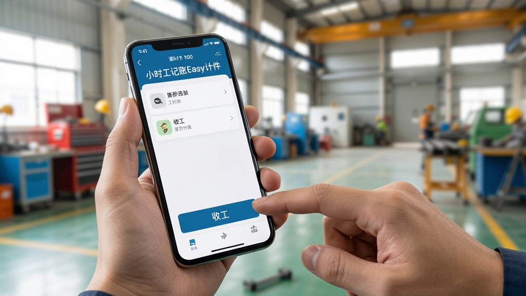 一只手拿着手机,手机屏幕显示“小时工记账Easy计件”的工时录入界面,另一只手正在点击“收工”按钮,背景是工厂车间或工地休息区的模糊场景,画面聚焦手机屏幕,光线明亮,风格写实,画质清晰,无多余元素