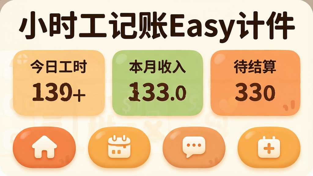 手机应用首页界面,顶部大字显示“小时工记账Easy计件”,中间是三个大卡片分别写着“今日工时”“本月收入”“待结算”,底部是四个大图标按钮,整体配色温暖,按钮圆润,字体粗大清晰,风格亲民易用,画质干净无杂乱