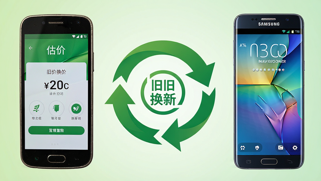 画面主体为一部旧手机与一部新三星手机并排摆放,中间以绿色循环箭头连接,箭头内嵌以旧换新文字图标。布局采用左右对比构图,旧机在左、新机在右,循环箭头居中。排版上箭头与手机比例协调,风格为环保理念与科技服务结合,细节上旧机屏幕显示估价界面,新机屏幕显示新机壁纸,背景为淡绿色渐变,画质清晰,画面干净无多余装饰。