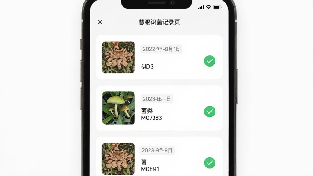 主体为手机应用内的识别历史记录列表界面,布局为竖向排列的卡片式记录条目,排版顶部为“慧眼识菌”记录页标题,风格清爽简约,细节包含缩略图、日期标签、菌类名称文字、绿色对勾图标,画质清晰干净无多余元素