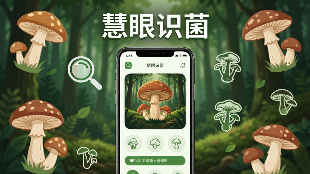 主体为一部智能手机屏幕显示菌类识别应用界面,布局采用居中手机展示配合四周悬浮的蘑菇插画元素,排版上方为应用名称“慧眼识菌”标题,风格为清新自然科普风,细节包含森林背景、放大镜图标、多种菌类轮廓与绿色调点缀,画质清晰干净无多余元素