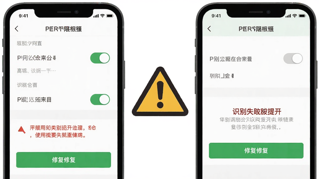主体为手机屏幕显示应用权限设置页面与识别失败提示的对比示意,布局为左右并排两块手机界面,排版中间放置警示图标,风格扁平化说明风,细节包含权限开关、红色提示文字、绿色修复按钮,画质清晰干净无多余元素