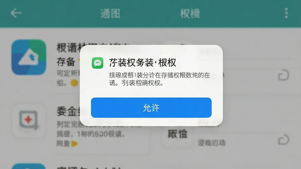 一张展示手机安装应用时权限授予界面的示意图,画面中央是存储权限弹窗与“允许”按钮,背景为手机设置页面,布局简洁明了,风格写实扁平,细节包含权限说明文字与应用图标,画质清晰干净,无多余元素
