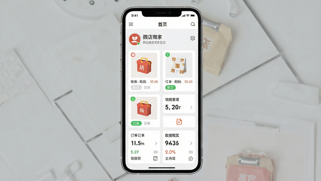 一幅手机界面展示图,主体是一部竖屏智能手机,屏幕中显示微店商家后台首页,布局为顶部店铺名称与头像、中部商品管理卡片、底部订单与数据概览模块,排版整齐清晰,风格为现代扁平化UI设计,细节包含商品缩略图、订单状态标签、销售额数字,画质高清,干净,无多余元素