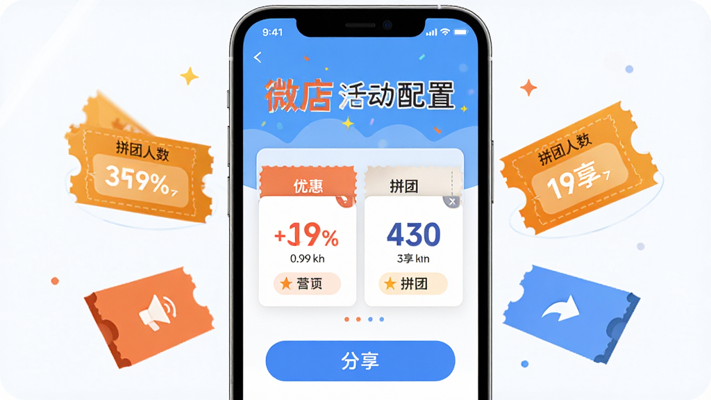 一部手机屏幕显示微店营销活动配置页面,主体为手机与漂浮的优惠券图形,布局为上方活动标题、中部优惠券卡片、下方分享按钮,排版居中对称,风格活泼明亮,细节包含折扣数字、拼团人数图标、分享箭头,画质高清,干净,无多余元素