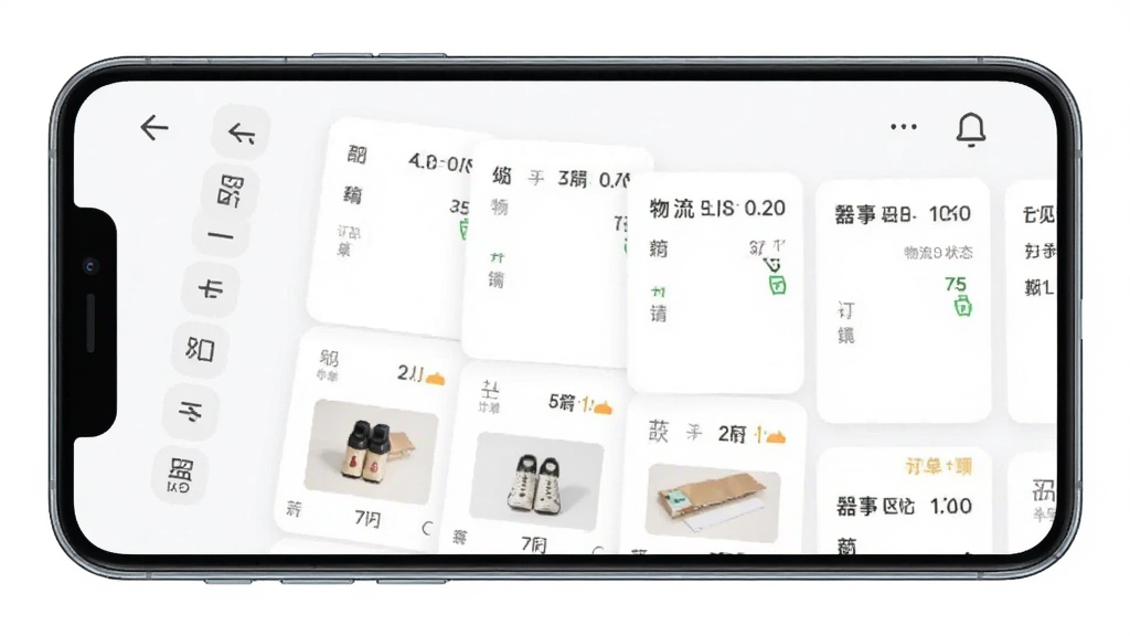 手机界面展示微店订单管理列表,主体为一部横向放置的智能手机,布局为顶部筛选标签、中部订单卡片纵向排列,排版紧凑有序,风格为浅色商务风,细节包含订单编号、商品小图、物流状态文字,画质高清,干净,无多余元素