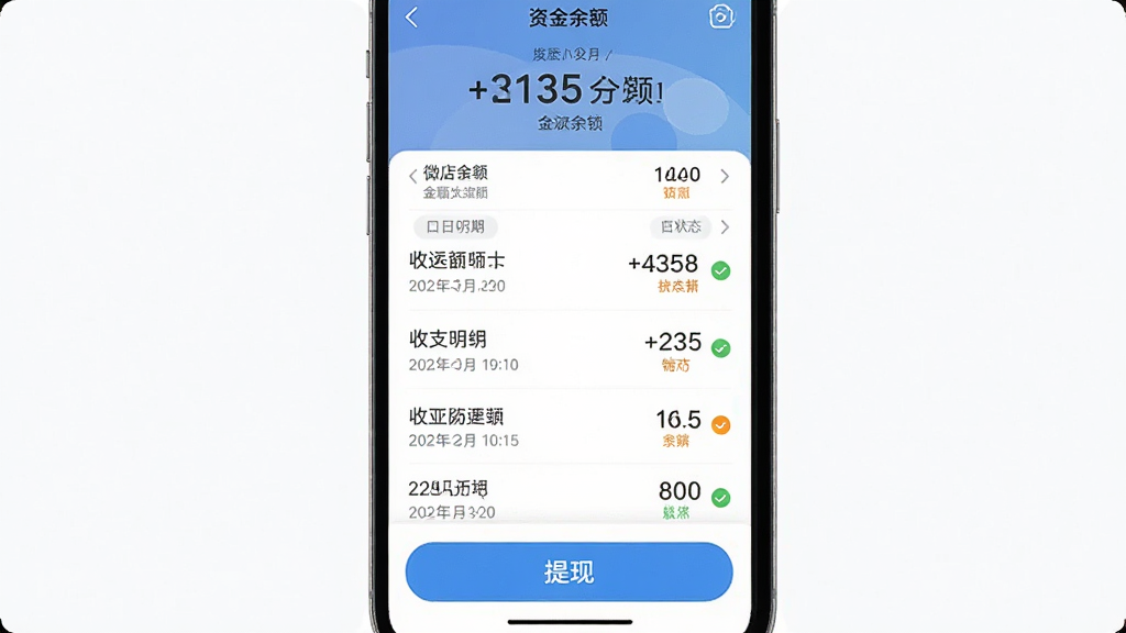 手机界面展示微店资金结算页面,主体为竖屏手机,布局为顶部余额数字、中部收支明细列表、底部提现按钮,排版清晰分层,风格为简洁金融风,细节包含金额数字、日期标签、状态徽标,画质高清,干净,无多余元素