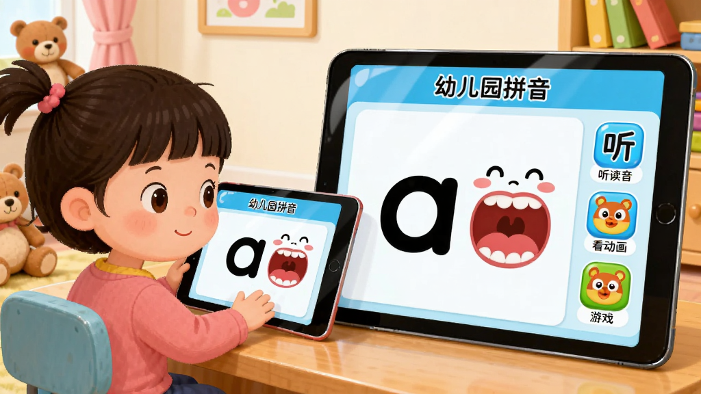 画面左侧是一个卡通小女孩坐在书桌前翻看平板电脑,平板屏幕中显示“幼儿园拼音”软件界面,界面中央是一个大大的字母“a”配上张大嘴巴的卡通形象,右侧是三个小图标分别代表听读音、看动画、玩游戏,背景是温馨的儿童房,有玩具熊和书架,布局为左侧人物右侧界面特写,风格为清新儿童插画,细节包括小女孩专注的表情和平板屏幕的柔和反光,画质清晰干净,无多余元素