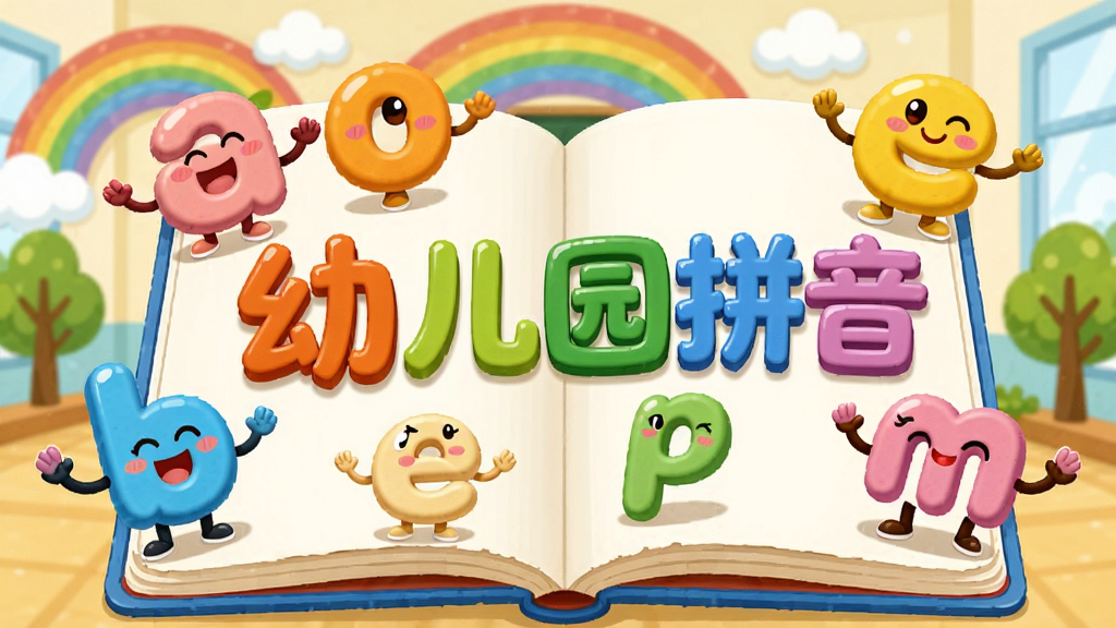 画面中央是一本打开的卡通风格绘本,绘本页面上用立体彩色字体写着“幼儿园拼音”五个大字,周围环绕着拟人化的拼音字母a、o、e、b、p、m,每个字母都带有可爱的表情和短小的手臂,背景是明亮的幼儿园教室场景,有彩虹、云朵和绿色小树,整体布局为绘本居中、字母环绕四周,风格为扁平化儿童插画,色彩鲜艳柔和,细节包括字母上的高光与阴影、绘本纸张的轻微卷角,画质清晰干净,无多余元素