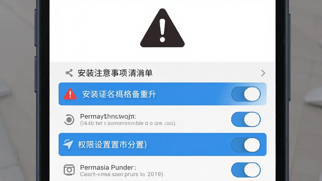 画面为手机屏幕展示安装注意事项清单与权限设置界面,主体为手机与权限开关图标,布局为上下分层上方为警示图标下方为设置列表,风格为简约扁平风,细节包含红色警示标记、蓝色高亮条目与灰色提示文字,画质清晰干净无多余元素