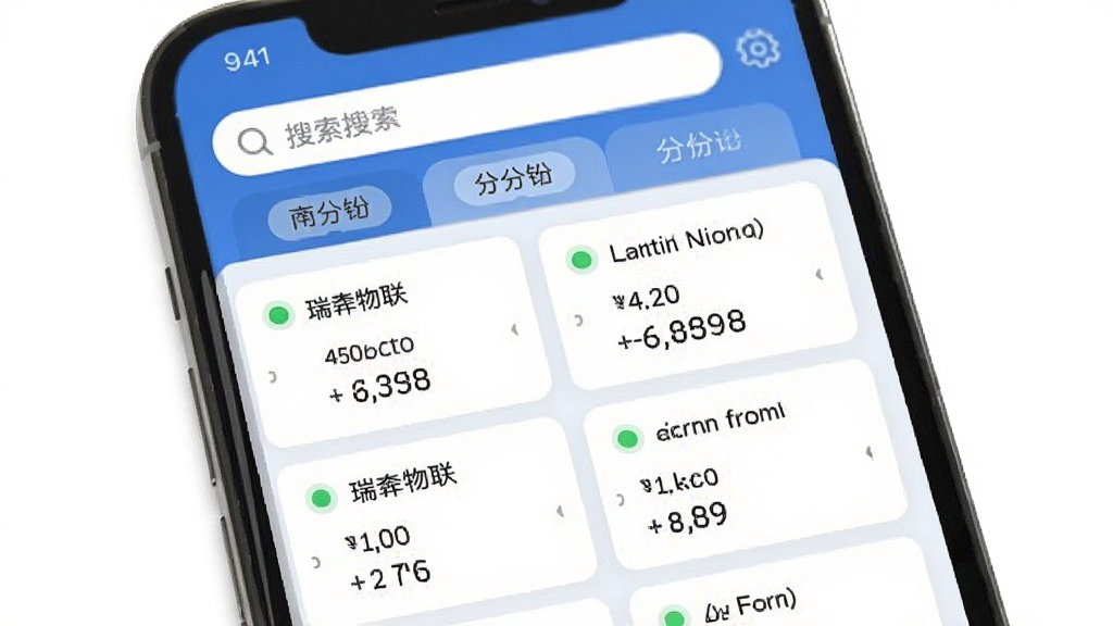 一部手机屏幕中显示瑞物联APP的设备列表页面,列表中排列着多个设备卡片,每个卡片带有绿色在线状态点和简要数据信息,界面顶部有搜索框和分组标签,整体风格清爽,布局规整,画质清晰,无多余元素