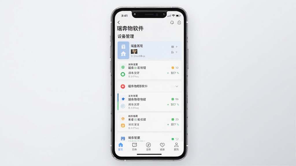 一张展示瑞物联软件主界面的手机应用截图,画面中央是一部竖屏智能手机,屏幕内呈现瑞物联APP的设备管理首页,包含设备列表卡片、状态指示灯和底部导航栏,背景为浅灰色渐变,风格简洁现代,细节清晰,画质干净,无多余元素