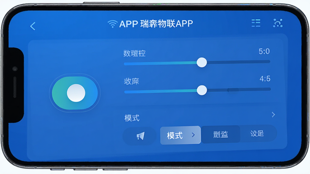 瑞物联APP远程控制界面示意图,手机屏幕中展示一个设备控制面板,包含开关按钮、参数滑块和模式选择项,界面以蓝色调为主,风格科技感强,布局清晰,画质干净,无多余元素