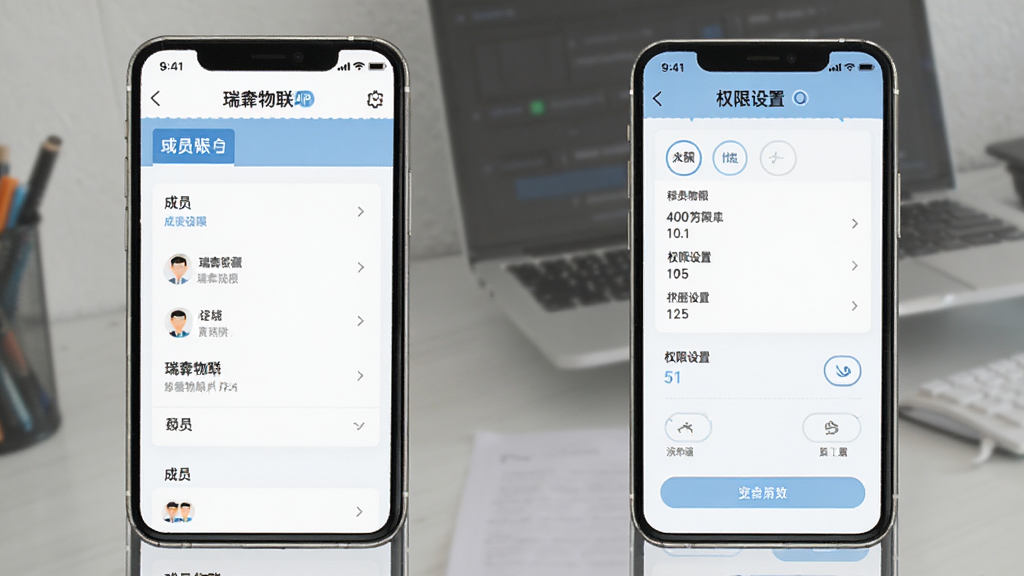 瑞物联APP账号权限管理页面,手机屏幕显示成员列表和权限设置选项,界面以白色和浅蓝色为主,风格简约商务,布局整齐,细节清楚,画质干净,无多余元素