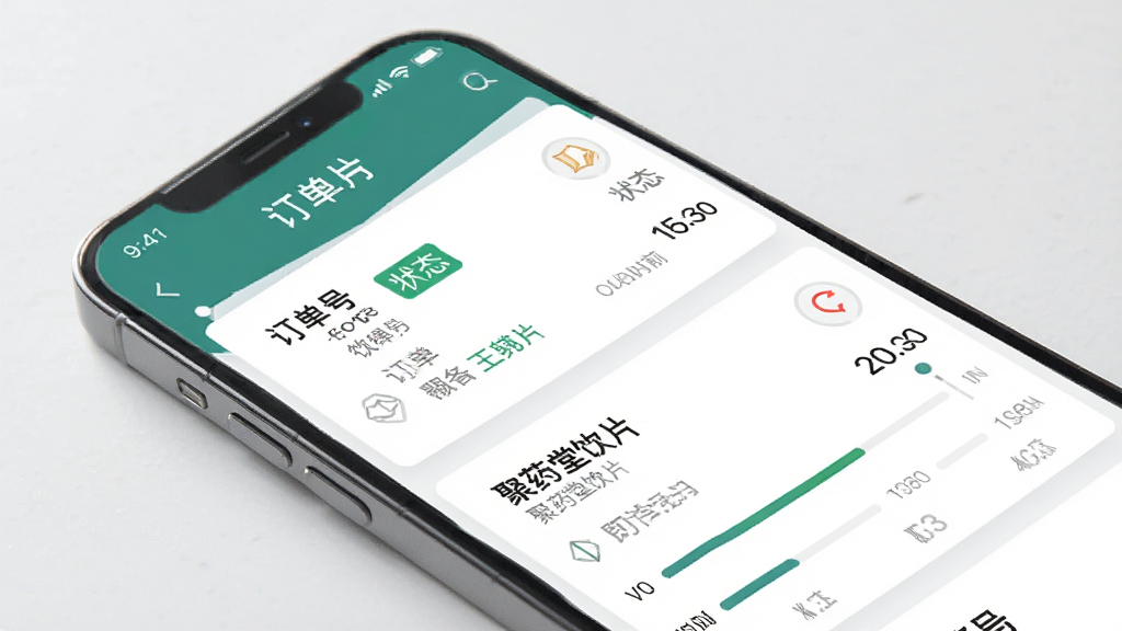 主体为手机界面展示订单列表与物流进度条,布局为上下排列的订单卡片,排版简洁清晰,风格为清爽商务应用风,细节包含订单编号、状态标签、时间轴,画质高清干净无多余元素,图片中文字为