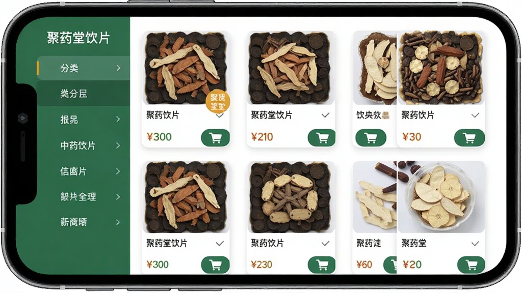 主体为手机屏幕展示中药饮片分类商城列表,布局为左侧分类导航右侧商品卡片,排版整齐规整,风格为现代扁平化电商界面风,细节包含药材缩略图、价格标签、购物车图标,画质清晰干净无多余元素,图片中文字为