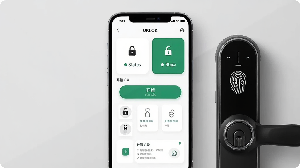 一张手机屏幕展示智能门锁管理APP界面的产品展示图,画面中央是一部智能手机,屏幕上显示OKLOK应用主界面,包含门锁状态卡片、开锁按钮、成员列表和开锁记录入口,手机旁边放置一把黑色智能指纹锁,背景为浅灰色极简风格,整体构图干净整洁,光线柔和,画质清晰,无多余元素