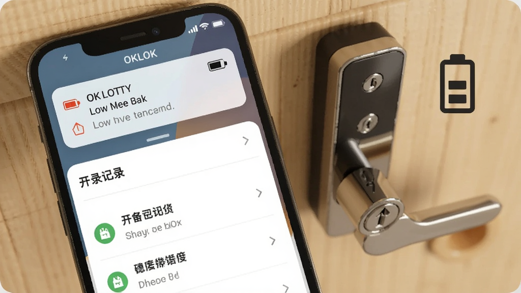 一张展示OKLOK应用消息提醒界面的图片,手机屏幕上显示低电量提醒通知卡片和开锁记录列表,画面右侧有一把智能锁和电池图标,背景为浅色木质纹理,风格温暖居家,画质清晰,构图简洁,无多余元素