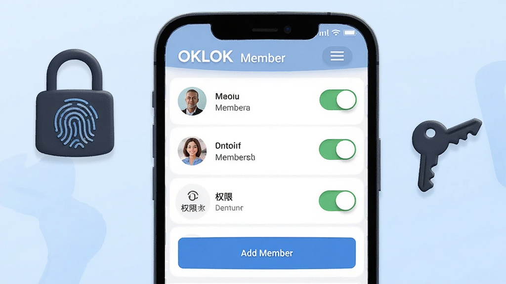 一张展示OKLOK应用成员管理界面的示意图,画面为手机屏幕特写,屏幕中显示成员列表、权限开关和添加成员按钮,屏幕旁边配有指纹锁图标和钥匙图标作为装饰元素,背景为淡蓝色渐变,风格简洁现代,画质清晰,无多余元素