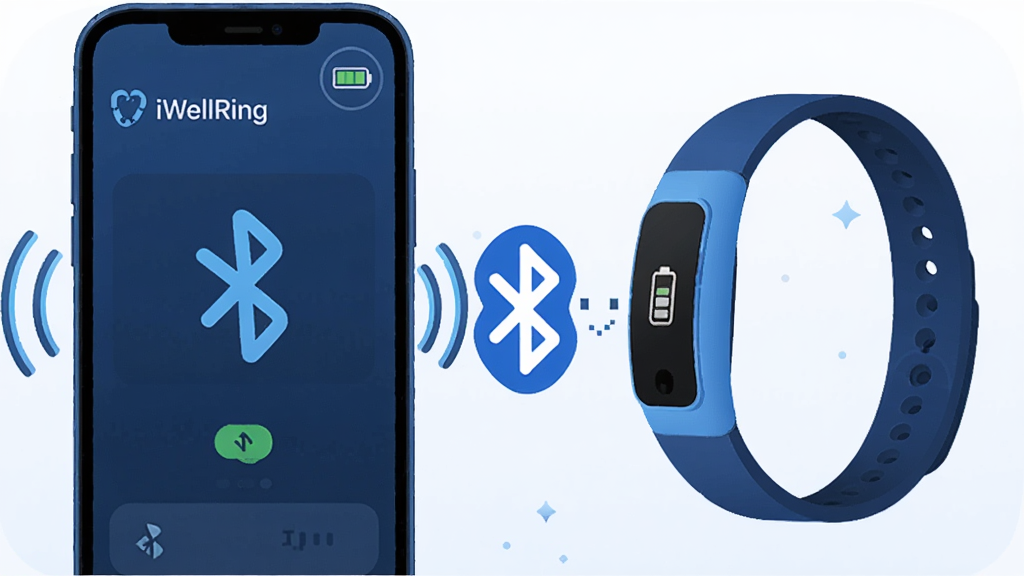 手机与智能指环通过蓝牙符号连接,屏幕显示“iWellRing”设备管理界面与电量图标,布局为左右对称,风格为科技蓝调扁平插画,细节包括蓝牙波纹与固件升级箭头,画质清晰,背景为浅色渐变,无多余元素