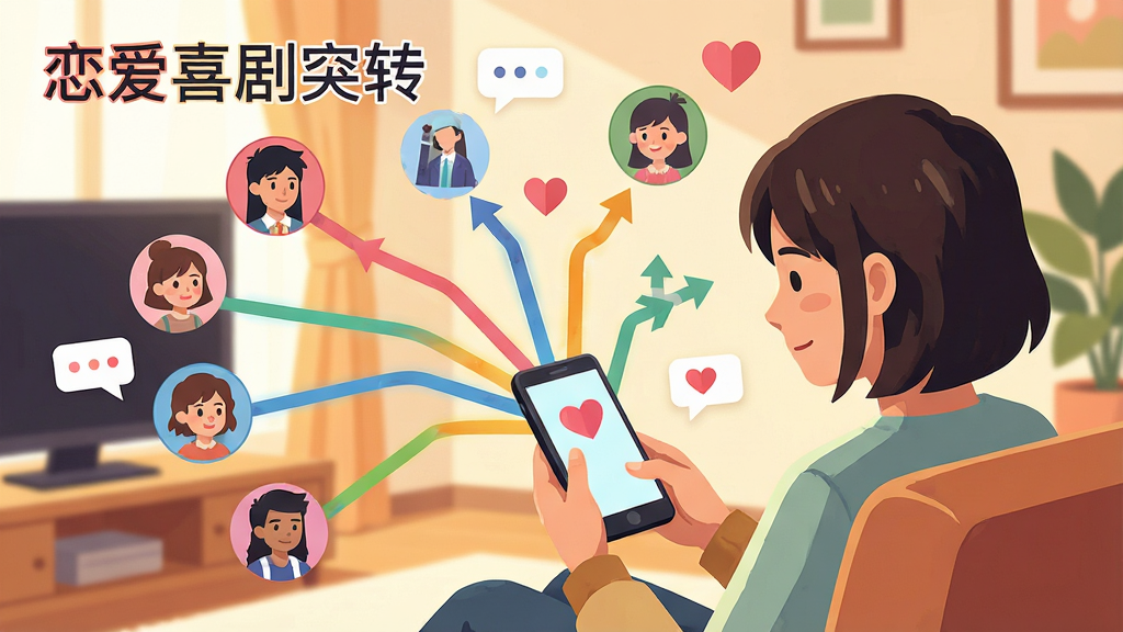 二次元风格画面,一位玩家坐在沙发上手持手机,手机屏幕向外发散出多条彩色故事线,每条线连接着不同角色头像,画面中有爱心、对话框、分支箭头等元素,背景为温馨室内环境,风格为扁平插画,色彩明快,细节清晰,画质高清,干净无多余元素,画面中带文字“恋爱喜剧突转”