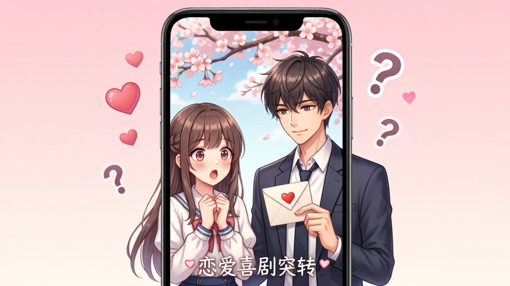 画面中央是一部竖屏手机,屏幕中显示二次元风格的恋爱剧情对话场景,一男一女两名角色站在樱花树下,女生表情惊讶,男生手持情书,手机周围漂浮着爱心与问号图标,背景为浅粉色渐变,风格为清新二次元插画,细节丰富,画质高清,干净无多余元素,画面中带文字“恋爱喜剧突转”