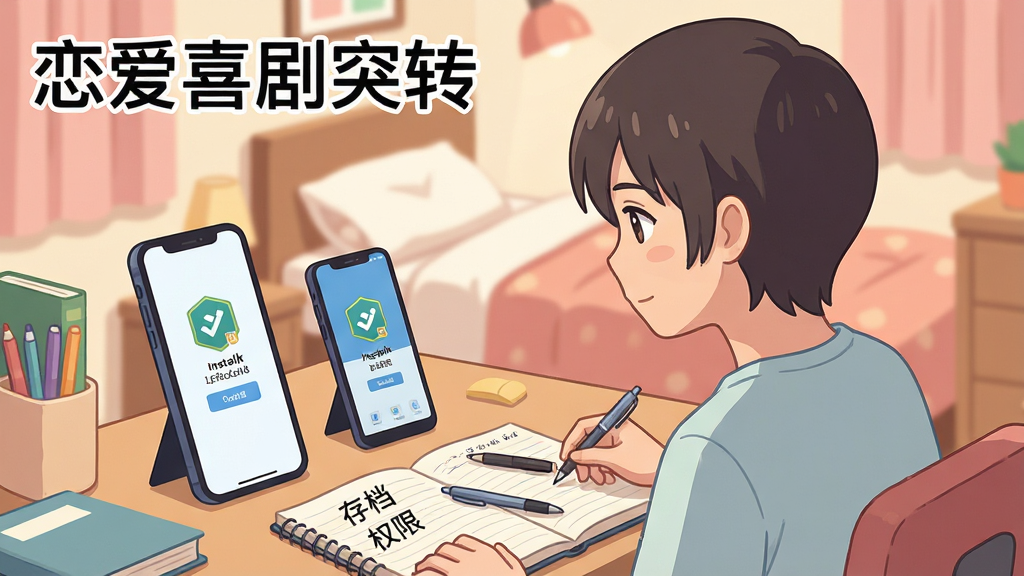 二次元风格画面,一位新手玩家坐在书桌前,面前手机屏幕显示游戏安装界面,桌面上放着笔记本和笔,笔记本上写着“存档”“权限”等字样,背景为温馨卧室,风格为扁平插画,色彩柔和,细节清晰,画质高清,干净无多余元素,画面中带文字“恋爱喜剧突转”