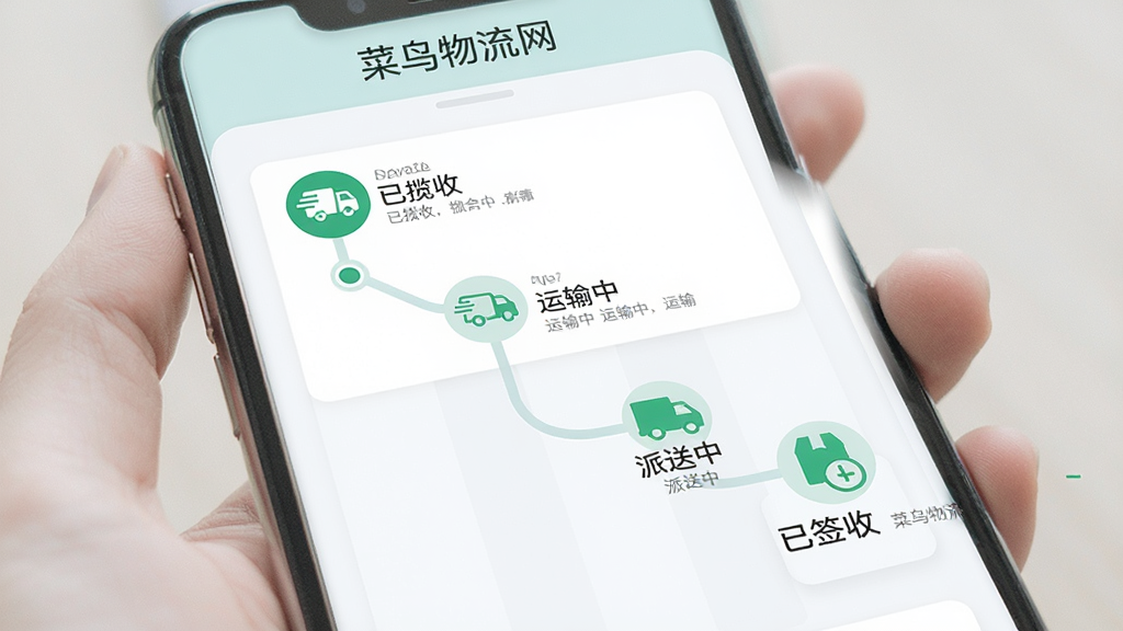 手机界面中显示一条完整物流轨迹时间轴,节点依次为已揽收、运输中、派送中、已签收,每个节点配有圆形图标和简短文字说明,页面顶部标注“菜鸟物流网”名称,浅色背景,卡片式布局,扁平化设计风格,画面清晰干净