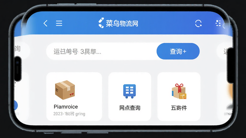 手机屏幕中央展示菜鸟物流网应用主界面,顶部为蓝色渐变导航栏,中间是运单号输入框与查询按钮,下方排列包裹追踪卡片、网点查询图标和寄件入口,背景为浅灰白色,整体采用扁平化移动应用风格,画面干净整洁,高清画质,无多余元素