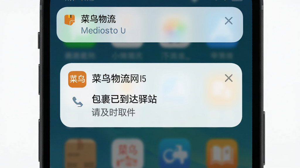 手机屏幕弹出菜鸟物流网派送提醒通知卡片,卡片上写有包裹已到达驿站请及时取件字样,背景为手机桌面与浅色通知栏,界面简洁,扁平化风格,高清画质,干净无多余元素