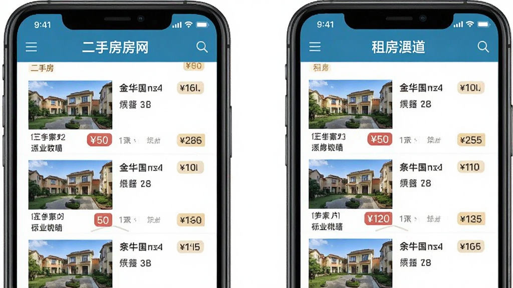 一张金华房网二手房与租房频道并列展示的示意图,主体为两部手机屏幕,左侧显示二手房列表,右侧显示租房列表,布局对称清晰,风格统一协调,细节包含房源图片、价格与标签,画质干净,无多余装饰