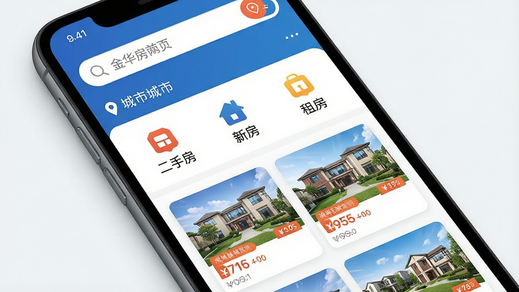 一张手机应用界面展示图,主体为手机屏幕内呈现金华房网首页,布局上方为搜索框与城市定位,中部为二手房、新房、租房功能入口图标,下方为房源列表卡片,风格清爽现代,细节包含房源缩略图与价格标签,画质清晰干净,无多余元素