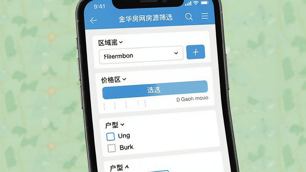 一张展示金华房网房源筛选功能的界面图,主体为手机屏幕中的多条件筛选面板,布局包含区域选择、价格区间、户型勾选等模块,风格简洁明快,细节有筛选按钮与房源数量提示,画质清晰,干净无杂乱元素