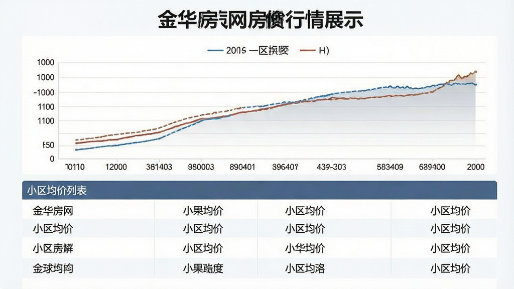 一张金华房网房价行情展示图,主体为手机屏幕中的价格走势折线图与小区均价列表,布局上方为图表下方为数据列表,风格商务简洁,细节包含坐标轴标注与小区名称,画质清晰,干净无多余元素
