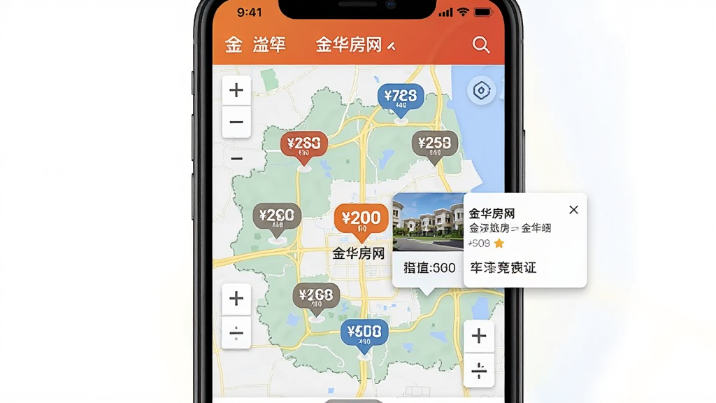 一张金华房网地图找房界面图,主体为手机屏幕显示金华区域地图,布局上分布多个房源价格气泡标记,风格现代直观,细节包含地图缩放控件与房源信息浮层,画质清晰干净,无多余元素