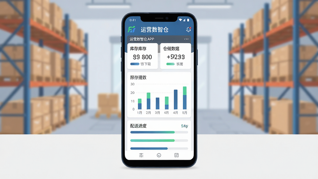 主体为一部安卓手机屏幕显示运营数智仓APP的仓储数据看板界面,布局为居中手机正面展示,背景为浅色办公桌面与模糊仓库货架,排版突出手机屏幕与数据卡片,风格为现代商务扁平化插画,细节包含库存数字、柱状图、配送进度条与“运营数智仓”字样,画质高清干净无多余元素