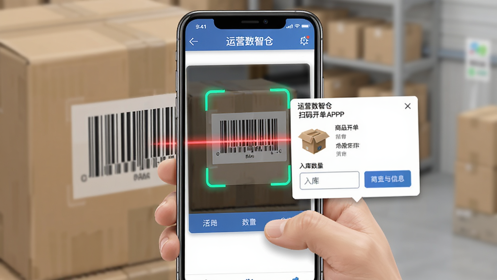 主体为运营数智仓APP扫码开单界面,布局为手机屏幕居中、画面中一只手持手机对准商品条码,排版突出扫码框与商品信息弹窗,风格为写实商务插画,细节包含“运营数智仓”界面文字、条码扫描线、入库数量输入框,画质高清干净无多余元素