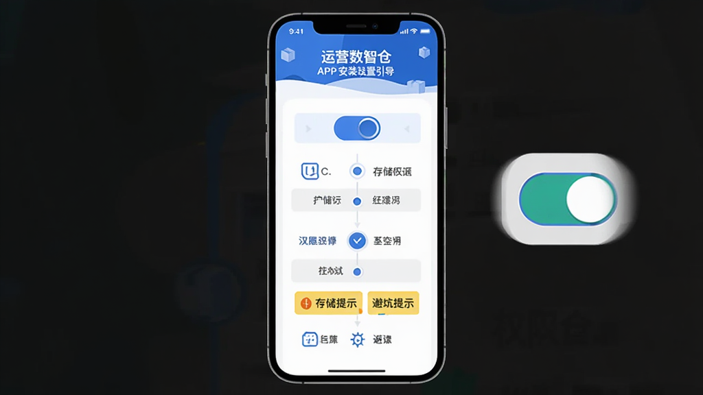 主体为运营数智仓APP安装设置引导界面,布局为手机屏幕居中、旁边放置权限开关图标,排版上以步骤条形式呈现,风格为简洁扁平化科技插画,细节包含“运营数智仓”文字、权限开关、存储空间提示与避坑提示标签,画质高清干净无多余元素