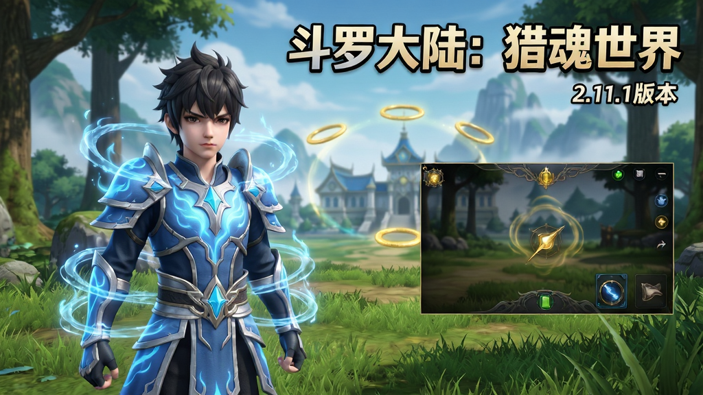 画面主体为一名身穿蓝银草武魂战甲的少年魂师站在斗罗大陆开阔的森林场景中央,背景远处可见史莱克学院建筑轮廓与漂浮的魂环光晕;布局采用三分法构图,人物居左,右侧留出游戏UI界面空间;排版上方居中放置加粗标题文字“斗罗大陆:猎魂世界”,下方小字标注“2.11.1版本”;风格为3D国漫玄幻写实风,色彩以蓝银、翠绿与金色为主;细节包括人物周身环绕的魂环、地面草叶纹理、远处山峰云雾;画质高清,干净无多余元素,画面明亮通透